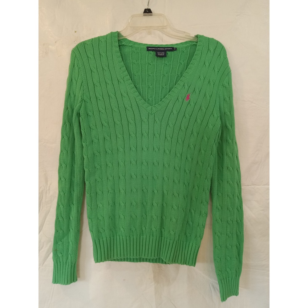 Ralph Lauren Sport Green Cable Knit V-Neck Cotton Sweater Pink Pony Logo Size M